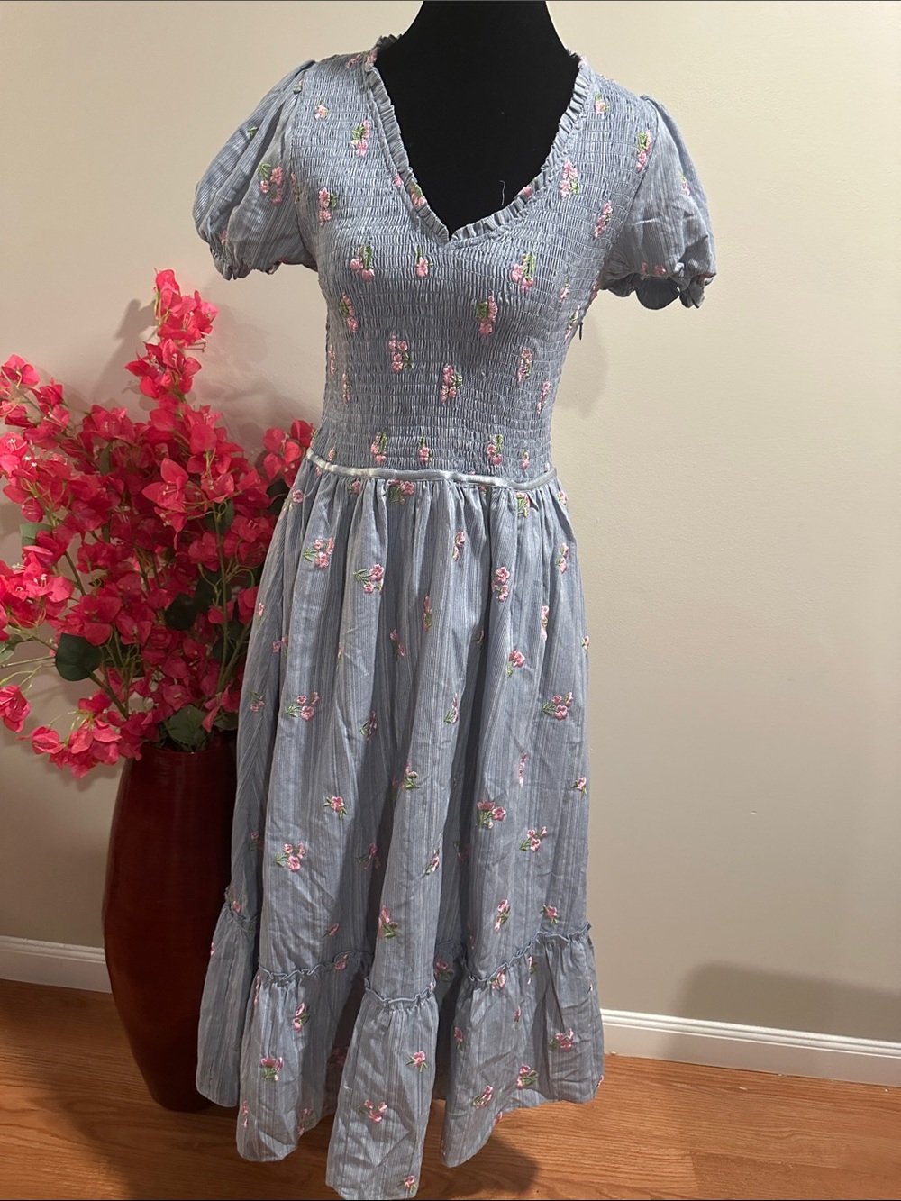 Light Blue Floral Midi Dress with Puff Sleeves